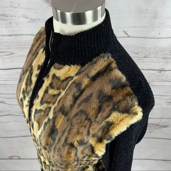 Lisa International faux fur animal print sweater zip front high neck - Picture 6 of 11